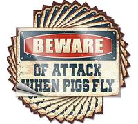 Tool Box Stickers Beware of Attack When Pigs Fly Funny Sticker 10 Pcs Men Decor Funny Bumper Stickers(8X12CM)