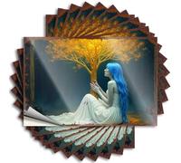 Tool Box Stickers Blue-Haired Woman in White Dress Sitting Beside Golden Tree Stickers 10Pcs Halloween Car Stickers Tool Decal(12X18CM)