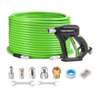Tool Daily Sewer Jetter Kit for Pressure Washer 100 FT, Short Power Washer Gun, Drain Cleaner Hose 1/4 Inch NPT, Corner, Rotating and Button Nose Sewer Jetting Nozzle, 3600 PSI
