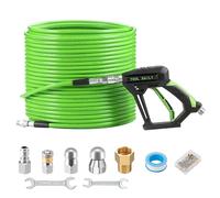 Tool Daily Sewer Jetter Kit for Pressure Washer 150 FT, Short Power Washer Gun, Drain Cleaner Hose 1/4 Inch NPT, Corner, Rotating and Button Nose Sewer Jetting Nozzle, 3600 PSI