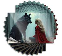 Tool Decal A Woman in A Red Cloak Sits Facing A Black Wolf in A Misty Forest Sticker 10Pcs Big Bandaid Sticker for Car Stickers for Trucks(12X18CM)