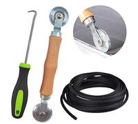 Tool Double Wheel Sealing Roller with Wooden Handle, Retractable Roller Sieve Window Spline Roller Hook Tool, 15 m x 5 mm Rubber Piping Tape, as Fly Screen, Insect Protection, Replacement Part (3)