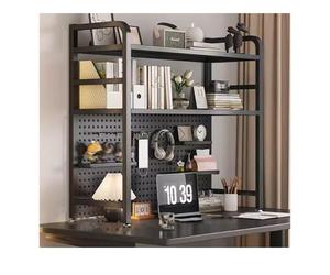 Tool Pegboard Garage Wall Rack Drill Bit Storage Wrench Set Racks Holders，Industrial Style 2 Tier Peg Board Desktop Bookshelf with Monitor Shelf and 20 Hooks Modular Pegboard Shelf System fo