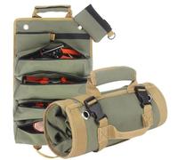 Tool Roll Bag with Waterproof Coating, Four Large Compartments, Two Detachable Pouches, and Adjustable Strap for Carrying Various Hand Tools (Army green)