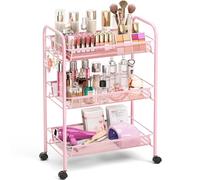 TOOLF 3 Tier Rolling Cart, Metal Utility Storage Cart with Wheels, Pink | 3 Hooks, Screwless Assembly, Trolley Organizer for Bathroom, Kitchen, Office, Nursery, Dorm, Laundry Room