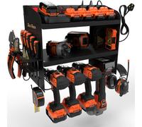 Toolganize Power Tool Organiser, Storage Rack With Power Strip Charging Station, Heavy-Duty - 4 Slot, Black