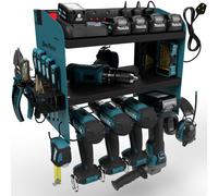 Toolganize Power Tool Organiser, Storage Rack With Power Strip Charging Station, Heavy-Duty - 4 Slot, Blue
