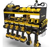 Toolganize Power Tool Organiser, Storage Rack with Power Strip Charging Station, Heavy-Duty for Workshop & Garage Tools - 6 Slot, Yellow.