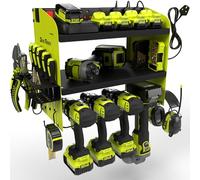 Toolganize Power Tool Organiser, Storage Rack with Power Strip Charging Station, Heavy-Duty for Workshop & Garage Tools - 4 Slot, Ryobi Acid Green.