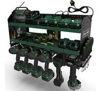 Toolganize Power Tool Organiser, Storage Rack with Power Strip Charging Station, Heavy-Duty for Workshop & Garage Tools - 6 Slot, Metabo Green.