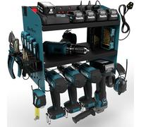 Toolganize Power Tool Organiser, Storage Rack with Power Strip Charging Station, Heavy-Duty for Workshop & Garage Tools - 4 Slot, Blue.