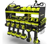 Toolganize Power Tool Organiser, Storage Rack with Power Strip Charging Station, Heavy-Duty for Workshop & Garage Tools - 6 Slot, Ryobi Acid Green.