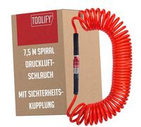 Toolify® Lightweight spiral compressed air hose 7.5 m with safety coupling, flexible in the cold, 6 x 10 mm, robust PU material, kink protection, max. 10 bar