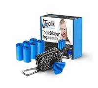 Toolik Diaper Bag Dispenser with 105 Disposable Unscented Waste Bags (7 Refill Rolls) for Baby and Toddler Poop or Dirty Clothes, Essential for Travel and Quick Change on The Go, Black with 3D Cube