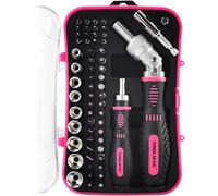 TOOLMAK Ratcheting Screwdriver Set 61pcs Socket Set & Screwdriver Bit Set with Rotatable Ratchet Handles ＆ Storage Case, Household Repair Tool Kits for Bike-Pink
