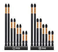 TOOLMAYS 16PCS PH2 & PZ2 Magnetic Impact Driver Bits, 4 x 50mm/75mm/100mm/150mm, Long Pozidriv Screwdriver Bit Sets Heavy Duty, S2 Steel Magnetic Drill Bits