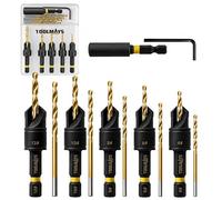 TOOLMAYS Countersink Drill Bit Set, 12 Pcs Wood Drill Bits, #4, #6, #8, #10, #12, Magnetic Extension Adjustable Bit Holder For Woodworking With Storage Box, Counter Sink Drill Bits For Wood
