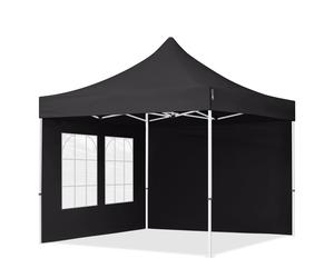 TOOLPORT 3x3m PES 700 Pop Up Gazebo ECONOMY Steel 30 mm, incl. 2 side panels with Windows, black - (59040)