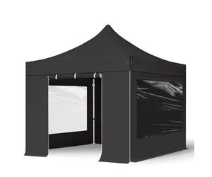 TOOLPORT 3x3m PES 800 Pop up gazebo PROFESSIONAL Aluminium 40 mm, incl. 4 side panels with Panorama Windows, black - (600146)