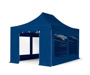TOOLPORT 3x4.5m PES 750 Pop Up Gazebo PREMIUM Steel 40 mm, incl. 4 side panels with Panorama Windows, blue - (600046)