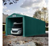 TOOLPORT 4x24m 3.35m Sides Carport Tent / Portable Garage, 3.5x3.5m Drive Through, PRIMEtex 2300, dark green with statics package (soft ground anchors) - (99414)