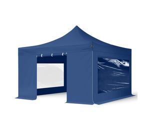 TOOLPORT 4x4m PES 750 Pop Up Gazebo PREMIUM Steel 40 mm, incl. 4 side panels with Panorama Windows, blue - (600092)
