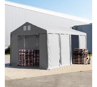 TOOLPORT 4x8m 3.0m Sides Storage Tent / Shelter w. ground frame and zipper entrance, PVC 850, grey with statics package (soft ground anchors) - (93775)