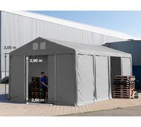 TOOLPORT 6x8m 3.0m Sides Storage Tent / Shelter w. ground frame and sliding door, PVC 850, grey with statics package (soft ground anchors) - (93795)
