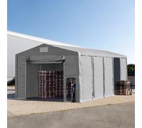 TOOLPORT 8x10m 3.6m Sides Storage Tent / Shelter w. ground frame and pull-up gate, PVC 850, grey with statics package (soft ground anchors) - (93816)