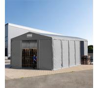 TOOLPORT 8x12m 3.6m Sides Storage Tent / Shelter w. ground frame, sliding door and skylights, PVC 850, grey with statics package (soft ground anchors) - (93830)