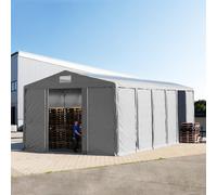 TOOLPORT 8x12m 4.0m Sides Storage Tent / Shelter w. ground frame, sliding door and skylights, PVC 850, grey with statics package (concrete anchors) - (94073)