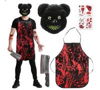 Toolprecyz Horror Bear Costume 4pcs Scary Halloween Men Costumes Killer Bear Mask Butcher Apron Knife Prop Blood Stain Stickers Terrifier Costume for Teen Adult Carnival Party
