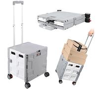Tools Foldable Shopping Trolley Box With Secure Lid, Heavy Duty Extra Large Folding Supermarket Grocery Shopping Boot Cart Box Trolley 50Kg Noiseless Rotate Wheel, Portable Trolley Storage Box - Gray