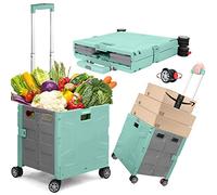 Tools Foldable Shopping Trolley Box With Secure Lid, Heavy Duty Extra Large Folding Supermarket Grocery Shopping Boot Cart Box Trolley 50Kg Noiseless Rotate Wheel, Portable Trolley Storage Box- Green