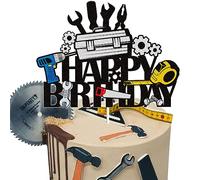 Tools Happy Birthday Cake Topper Black Glitter Worker Themed Party Supplies Tool box Cake Decoration for Boys Men Birthday Party Labor Day Cake Dercorations