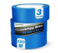 ToolSpace Crepe Tape - Blue Painter's Tape Set - Professional Painter's Tape for Renovation Work - Masking Tape for Painting - Solvent Free 38mm / 50m Roll Set of 3 150m