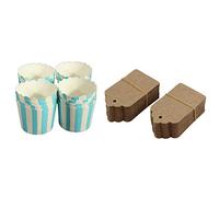 Toolvvik 100Pcs Rustic 40Mmx70Mm Scalloped Kraft Paper Card,Blank Brown Tag & 50Pcs Cupcake Paper Cake Case,Blue Striped
