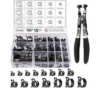 Toolwiz 100Pcs 6-25mm Spring Band Hose Clamp Assortment with Swivel Clamp Pliers, Constant Tension Radiator Hose Clamps, Black Hose Clips for Fuel Line, Silicone Vacuum Hose, Air Tube, Water Pipe