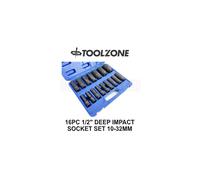 Toolzone 16PC 1/2" DR 6 Point Deep Impact Socket Set 10 - 32mm SS244