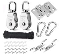 TooTaci M20 Crane Pulley Block System Set, 304 Stainless Steel Washing Line Pulley Kit, with 20M Nylon Pulley Rope, Carabiners, Eye Plates & Cleat Hooks, for Indoor Outdoor Lifting & Towing Solution