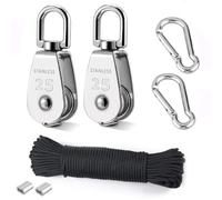 TooTaci M25 Pulley Block Set,304 Stainless Steel Pulley System,25mm Single Pulley Wheels with 20M/4mm Nylon Pulley Rope,2pcs Carabiner Hooks,Use for Hoisting Items Indoor Outdoor