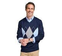 Tootal Men's Argyle V Neck Jumper Classic Knitted Cotton Blend Sweater with Retro Pattern Navy 3XL
