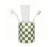 Tooth Brush Holder for Bathroom, Cute Toothbrush Holders for Bathrooms, Bath Room Cups, Ceramic Toothbrush and Toothpaste Dispenser, Sage Green Checkered Bathroom Home Decor