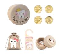 Tooth Fairy Box,5 Pcs Wooden Tooth Fairy Kit with Bag,Teeth Fairys Door Hangerand Gold Foil Reward Coins,3D Carved First Lost Teeth Storage Keepsake Box for Storing Baby's Dropped Baby Teeths