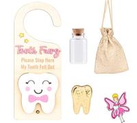 Tooth Fairy Door Hanger,Tooth Fairy Gift Kit with Wooden Door Hanger, Drawstring Bag, Vial & Reward Coin, Encouragement Present for Lost Teeth, Baby Teeth Keepsake Container for Kids Boys Girls (Pink)