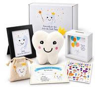 Tooth Fairy Gift Set for First Lost Tooth - Pillow, Coin Bank, Certificate, Tooth Holder, Keepsake Box, Stickers & Photo Frame - Cute Tooth Fairy Kit for Boys & Girls
