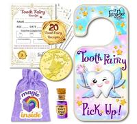 Tooth Fairy Kit Includes Tooth Fairy Coin, Tooth Bag, 20 x Tooth Fairy Certificates, Tooth Fairy Door Hanger, Fairy Dust. Designed and Printed in The UK, The Perfect Tooth Fairy Gift