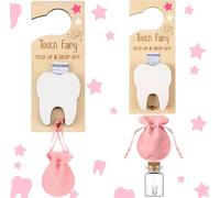 Tooth Fairy Pick up and Drop Off,Tooth Fairy Bag Set,Tooth Fairy Door Hanger with Money Slot,Tooth Fairy Door Hanger, Tooth Fairy Baby Teeth Keepsake, Tooth Fairy Pick up Box Gift (Pink)