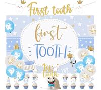 Tooth Party Decorations, Glitter First Tooth banner Blue 1st Tooth Backdrop Cake Topper Cupcake Toppers Teeth Pattern Printed Balloons, for Boy's 1st Teeth Party Half Birthday Supplies