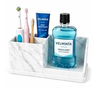 Toothbrush Holder Bathroom Organiser,White Marble Effect Countertop Storage | 4 Compartments & Tray for Electric Toothbrushes, Toothpaste, Mouthwash, Cosmetics and Vanity Essentials